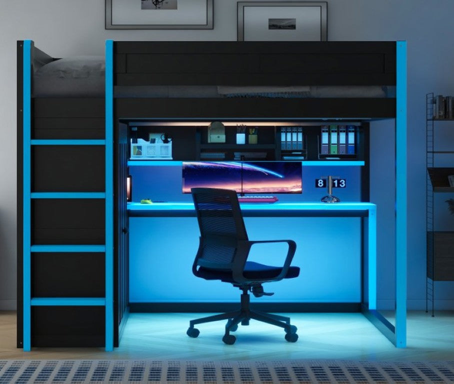English Elm Full Size Loft Bed with Wardrobe Workstation LED Lighting USB Port and Storage Shelves N7090002262C