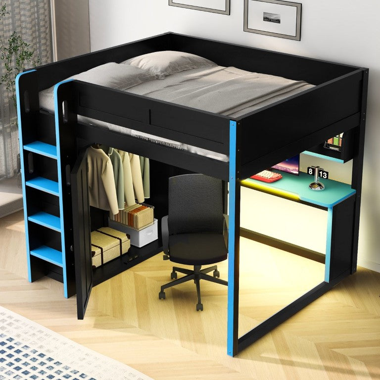English Elm Full Size Loft Bed with Wardrobe Workstation LED Lighting USB Port and Storage Shelves N7090002262C