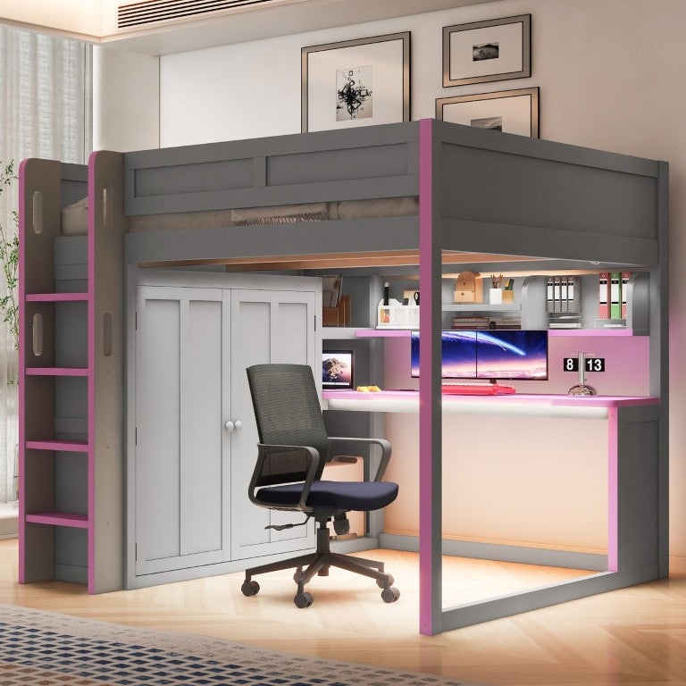 English Elm Full Size Loft Bed with Wardrobe Desk Shelving and LED Lighting for Teen Bedrooms N7090002262I