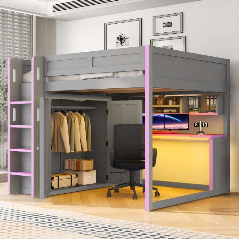 English Elm Full Size Loft Bed with Wardrobe Desk Shelving and LED Lighting for Teen Bedrooms N7090002262I