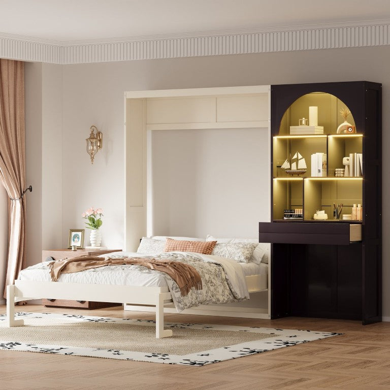 English Elm Queen Murphy Bed with Arched LED Cabinet Side Storage and Pull Out Drawer for Studio Rooms Espresso N7090002271P