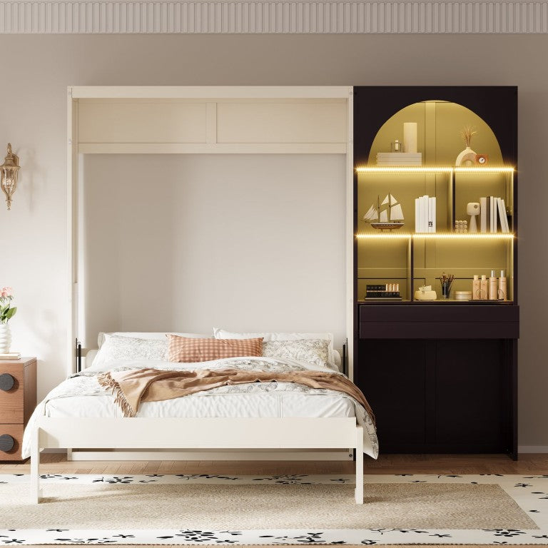 English Elm Queen Murphy Bed with Arched LED Cabinet Side Storage and Pull Out Drawer for Studio Rooms Espresso N7090002271P
