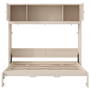 English Elm Full Murphy Bed Pine Wood Cabinet with X Panel Detail for Studio Apartments Beige N7090004009A-1