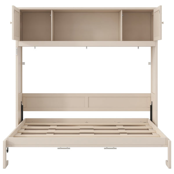 English Elm Full Murphy Bed Pine Wood Cabinet with X Panel Detail for Studio Apartments Beige N7090004009A-1