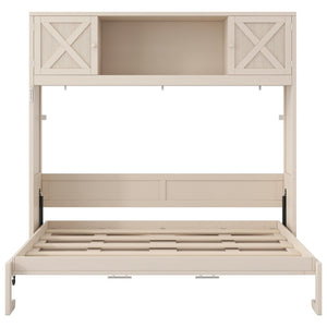 English Elm Full Murphy Bed Pine Wood Cabinet with X Panel Detail for Studio Apartments Beige N7090004009A-1