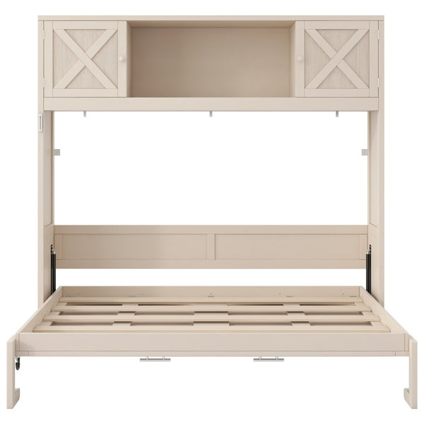 English Elm Full Murphy Bed Pine Wood Cabinet with X Panel Detail for Studio Apartments Beige N7090004009A-1