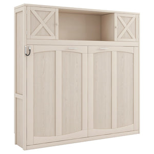 English Elm Full Murphy Bed Pine Wood Cabinet with X Panel Detail for Studio Apartments Beige N7090004009A-1