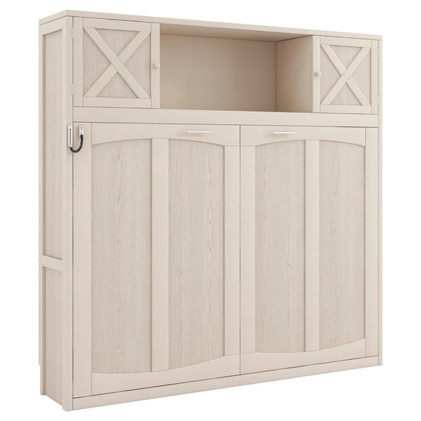 English Elm Full Murphy Bed Pine Wood Cabinet with X Panel Detail for Studio Apartments Beige N7090004009A-1