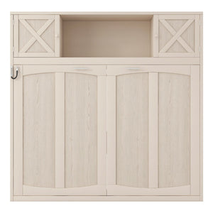 English Elm Full Murphy Bed Pine Wood Cabinet with X Panel Detail for Studio Apartments Beige N7090004009A-1