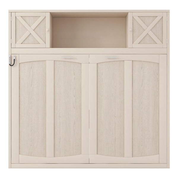 English Elm Full Murphy Bed Pine Wood Cabinet with X Panel Detail for Studio Apartments Beige N7090004009A-1