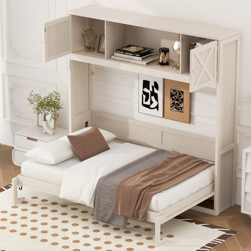 English Elm Full Murphy Bed Pine Wood Cabinet with X Panel Detail for Studio Apartments Beige N7090004009A-1