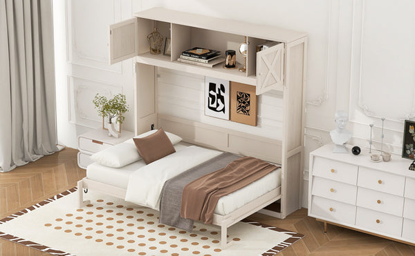 English Elm Full Murphy Bed Pine Wood Cabinet with X Panel Detail for Studio Apartments Beige N7090004009A-1