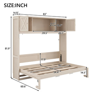 English Elm Full Murphy Bed Pine Wood Cabinet with X Panel Detail for Studio Apartments Beige N7090004009A-1