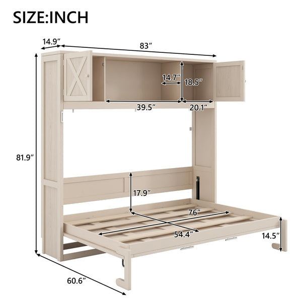 English Elm Full Murphy Bed Pine Wood Cabinet with X Panel Detail for Studio Apartments Beige N7090004009A-1