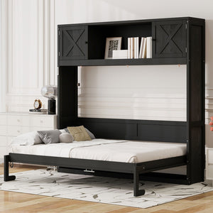 English Elm Full Murphy Bed Pine Wood Cabinet with X Panel Detail for Studio Apartments Black N7090004009B-1