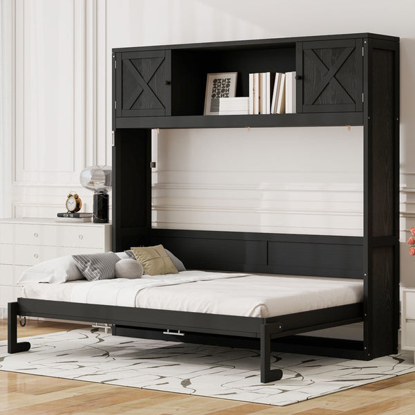 English Elm Full Murphy Bed Pine Wood Cabinet with X Panel Detail for Studio Apartments Black N7090004009B-1