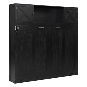 English Elm Full Murphy Bed Pine Wood Cabinet with X Panel Detail for Studio Apartments Black N7090004009B-1