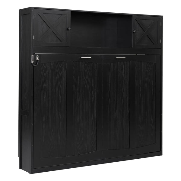 English Elm Full Murphy Bed Pine Wood Cabinet with X Panel Detail for Studio Apartments Black N7090004009B-1