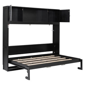 English Elm Full Murphy Bed Pine Wood Cabinet with X Panel Detail for Studio Apartments Black N7090004009B-1