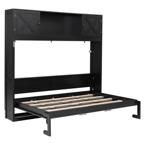 English Elm Full Murphy Bed Pine Wood Cabinet with X Panel Detail for Studio Apartments Black N7090004009B-1