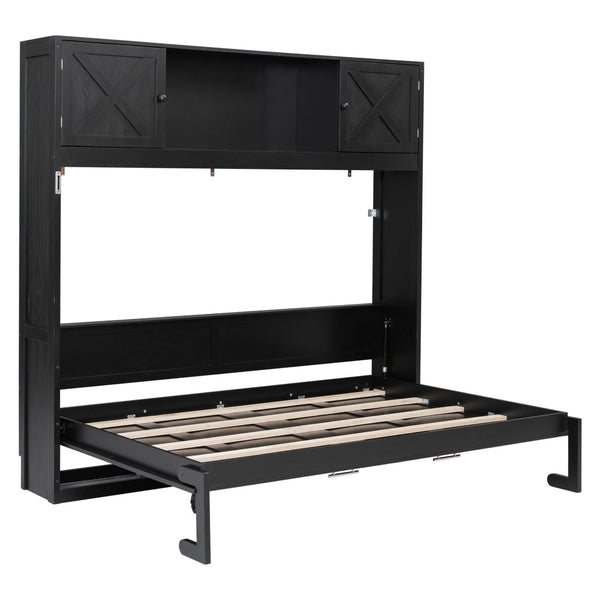 English Elm Full Murphy Bed Pine Wood Cabinet with X Panel Detail for Studio Apartments Black N7090004009B-1