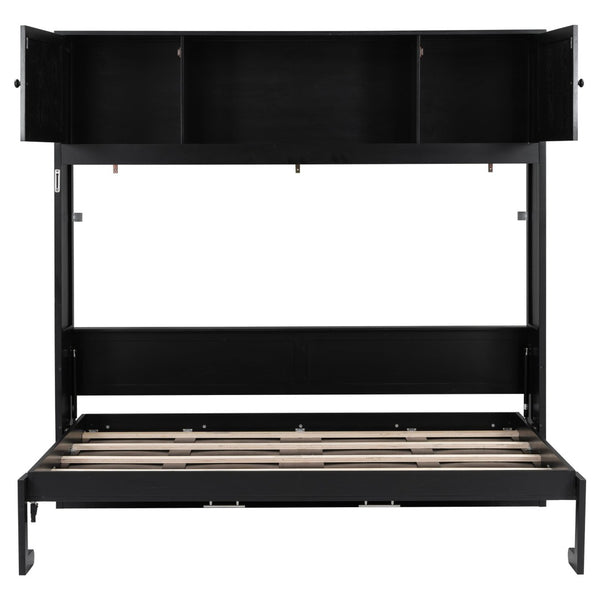 English Elm Full Murphy Bed Pine Wood Cabinet with X Panel Detail for Studio Apartments Black N7090004009B-1