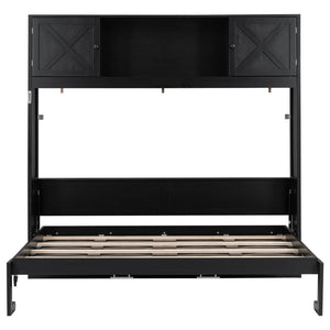 English Elm Full Murphy Bed Pine Wood Cabinet with X Panel Detail for Studio Apartments Black N7090004009B-1