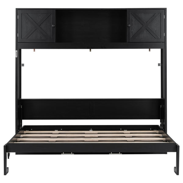 English Elm Full Murphy Bed Pine Wood Cabinet with X Panel Detail for Studio Apartments Black N7090004009B-1