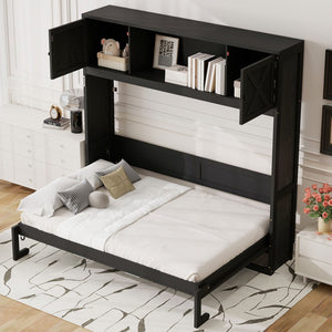 English Elm Full Murphy Bed Pine Wood Cabinet with X Panel Detail for Studio Apartments Black N7090004009B-1