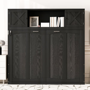 English Elm Full Murphy Bed Pine Wood Cabinet with X Panel Detail for Studio Apartments Black N7090004009B-1