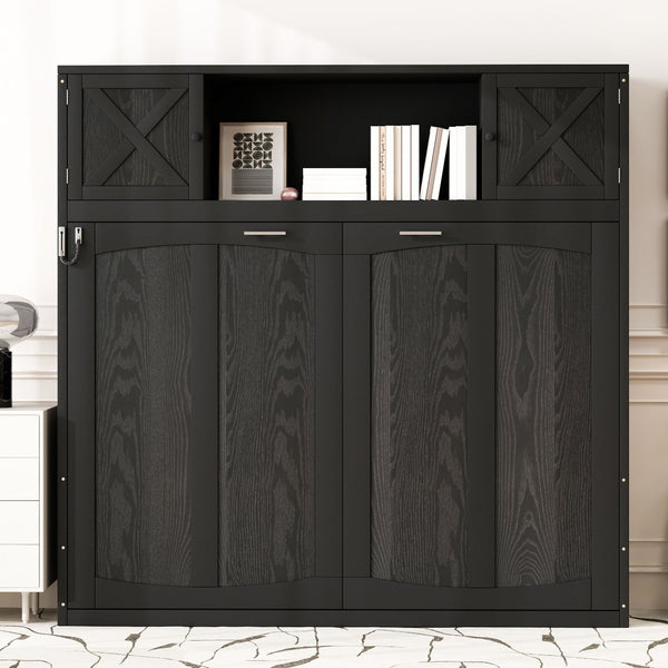 English Elm Full Murphy Bed Pine Wood Cabinet with X Panel Detail for Studio Apartments Black N7090004009B-1