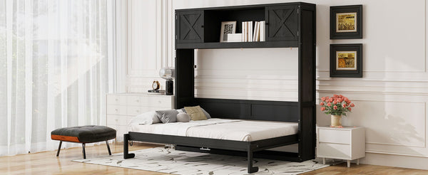 English Elm Full Murphy Bed Pine Wood Cabinet with X Panel Detail for Studio Apartments Black N7090004009B-1