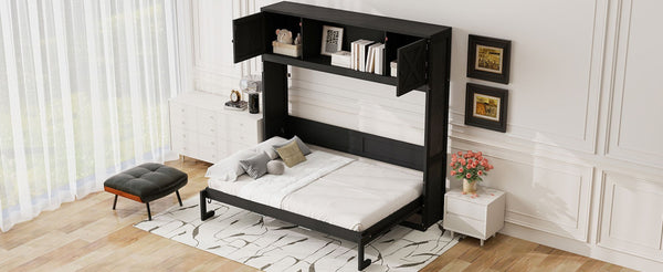 English Elm Full Murphy Bed Pine Wood Cabinet with X Panel Detail for Studio Apartments Black N7090004009B-1