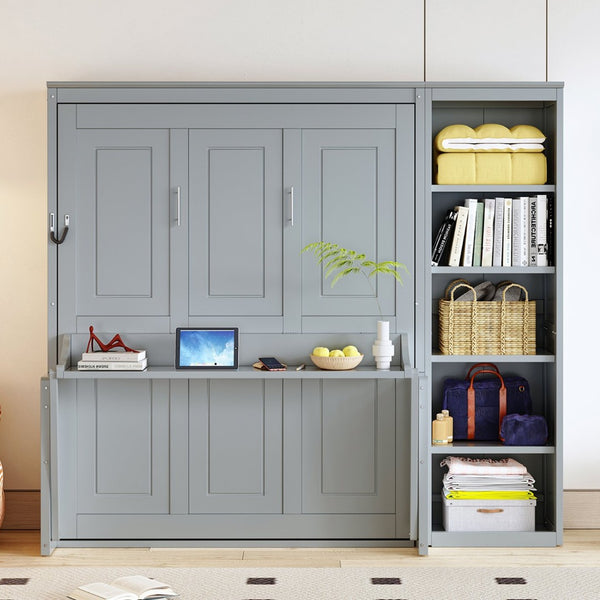 English Elm Full Size Murphy Wall Bed with Fold Down Desk and Open Shelving for Home Office Gray N7090004015E-1