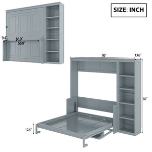 English Elm Full Size Murphy Wall Bed with Fold Down Desk and Open Shelving for Home Office Gray N7090004015E-1