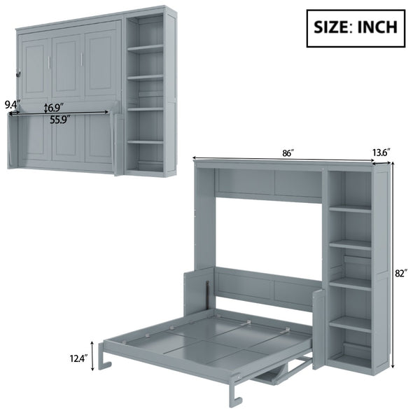 English Elm Full Size Murphy Wall Bed with Fold Down Desk and Open Shelving for Home Office Gray N7090004015E-1