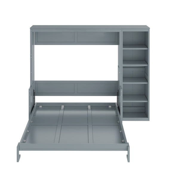 English Elm Full Size Murphy Wall Bed with Fold Down Desk and Open Shelving for Home Office Gray N7090004015E-1