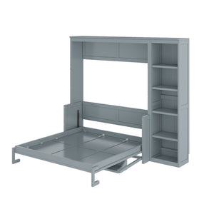 English Elm Full Size Murphy Wall Bed with Fold Down Desk and Open Shelving for Home Office Gray N7090004015E-1