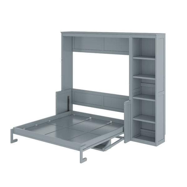 English Elm Full Size Murphy Wall Bed with Fold Down Desk and Open Shelving for Home Office Gray N7090004015E-1