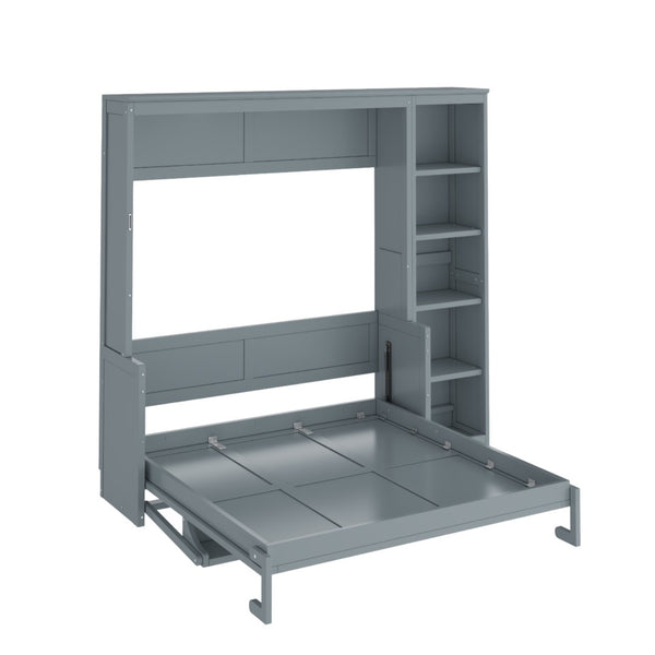 English Elm Full Size Murphy Wall Bed with Fold Down Desk and Open Shelving for Home Office Gray N7090004015E-1