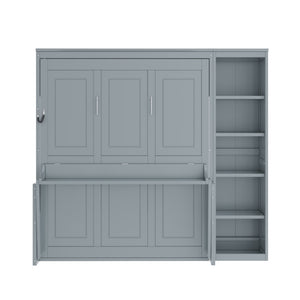 English Elm Full Size Murphy Wall Bed with Fold Down Desk and Open Shelving for Home Office Gray N7090004015E-1