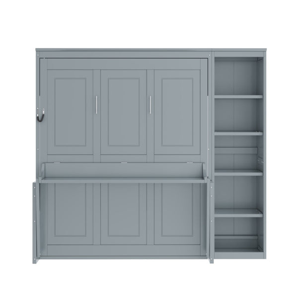 English Elm Full Size Murphy Wall Bed with Fold Down Desk and Open Shelving for Home Office Gray N7090004015E-1