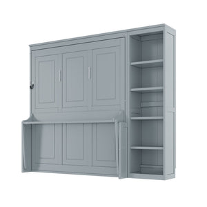English Elm Full Size Murphy Wall Bed with Fold Down Desk and Open Shelving for Home Office Gray N7090004015E-1