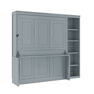 English Elm Full Size Murphy Wall Bed with Fold Down Desk and Open Shelving for Home Office Gray N7090004015E-1