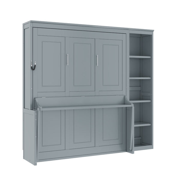 English Elm Full Size Murphy Wall Bed with Fold Down Desk and Open Shelving for Home Office Gray N7090004015E-1