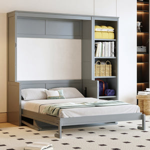 English Elm Full Size Murphy Wall Bed with Fold Down Desk and Open Shelving for Home Office Gray N7090004015E-1
