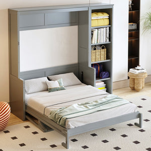 English Elm Full Size Murphy Wall Bed with Fold Down Desk and Open Shelving for Home Office Gray N7090004015E-1