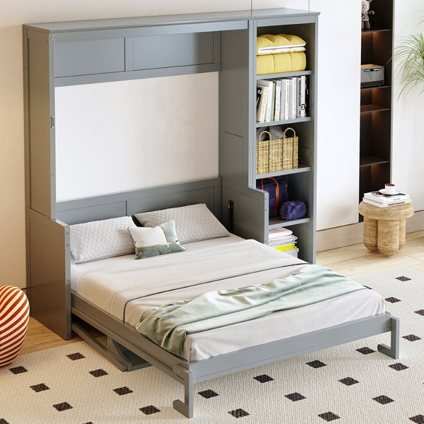 English Elm Full Size Murphy Wall Bed with Fold Down Desk and Open Shelving for Home Office Gray N7090004015E-1