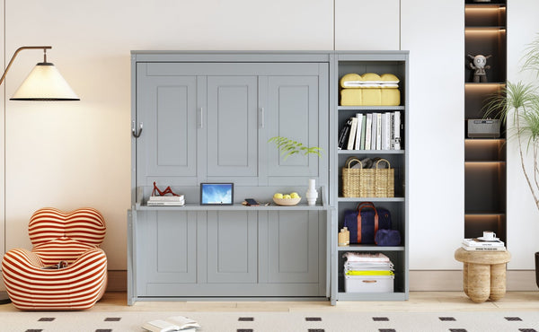 English Elm Full Size Murphy Wall Bed with Fold Down Desk and Open Shelving for Home Office Gray N7090004015E-1