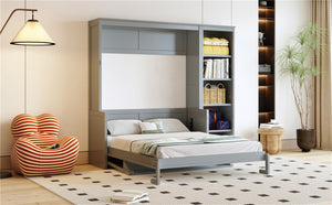 English Elm Full Size Murphy Wall Bed with Fold Down Desk and Open Shelving for Home Office Gray N7090004015E-1